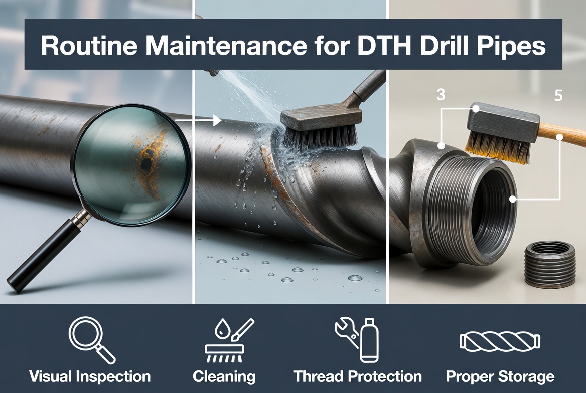 Routine maintenance procedures for DTH drill pipes: visual inspection for wear and damage, cleaning to remove mud and debris, and thread maintenance with proper lubrication and thread compound to prevent galling.